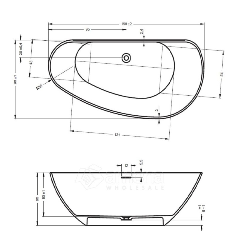 Akmens masės Vonia RIHO Granada 190x90 cm.