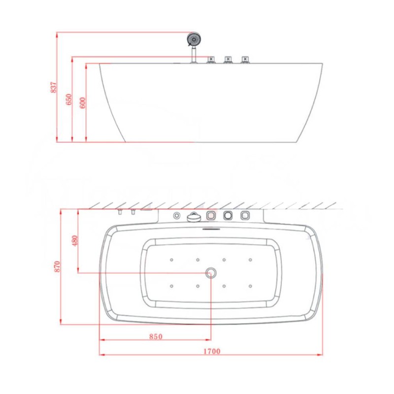 Laisvai pastatoma vonia su vandens masažu AMUE-1701 170x85x61 cm