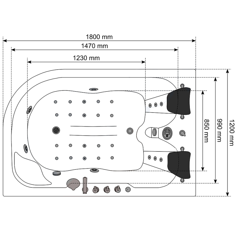 Masažinė Vonia AMO-1631R Turbo+ Kairės Pusės 180x120x54cm