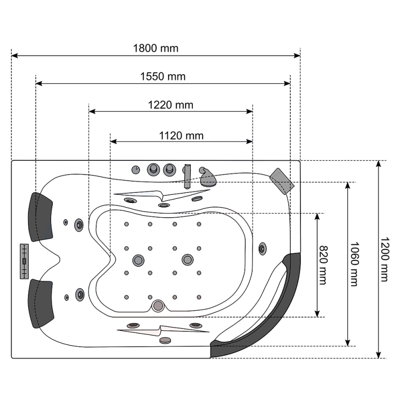 Masažinė Vonia AMO-1665 Kairė Dvivietė 180x120 cm.