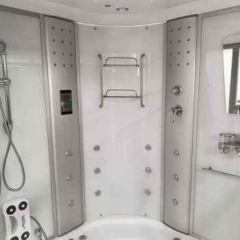 Masažinė Dušo Kabina AMO-08150S White Su Masažine Vonia, 150x150 cm.