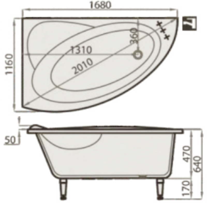 Akmens Masės Vonia SPN Santa 168x112 cm. dešinės pusės