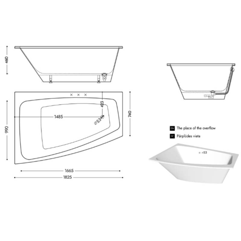 Akmens Masės Vonia SPN Trevi 182x122 dešinės puses